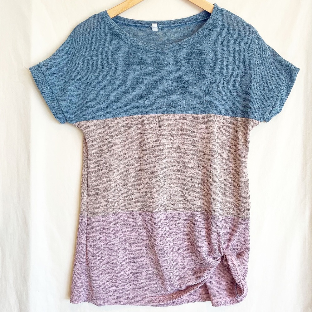 Textured Color Block Short Sleeve Tie Knot Shirt